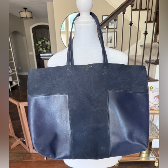 Tory Burch Navy Blue Leather and Suede T Tote - Picture 1 of 10